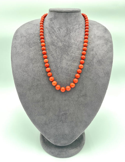 Collana Corallo Rosso Mediterraneo Naturale 63cm Pallini 7-11mm Oro 18kt Nodo
